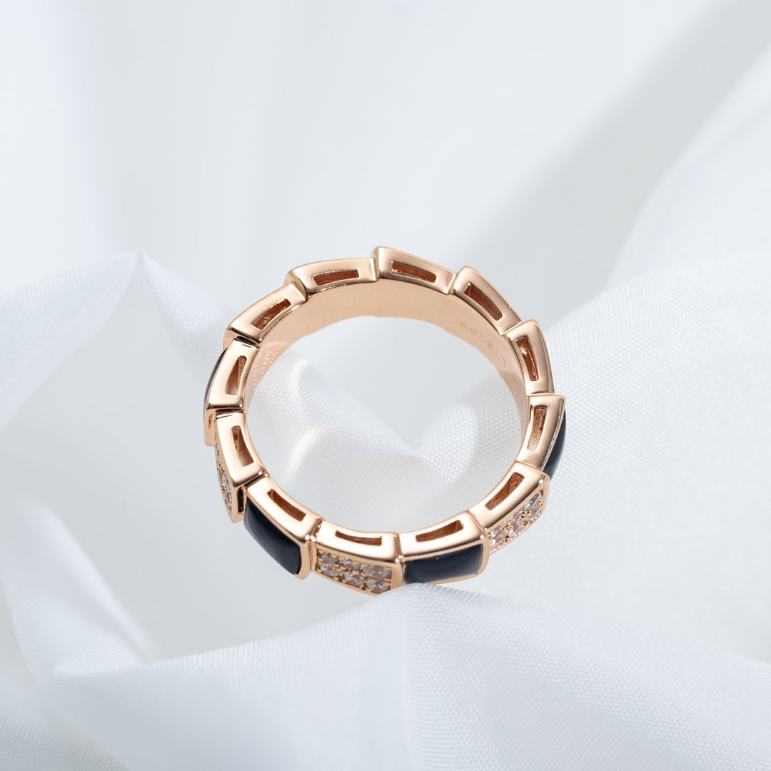 [Dawnora Jewelry]SERPENTI RING PINK GOLD BLACK MOP DIAMOND PAVED 4MM