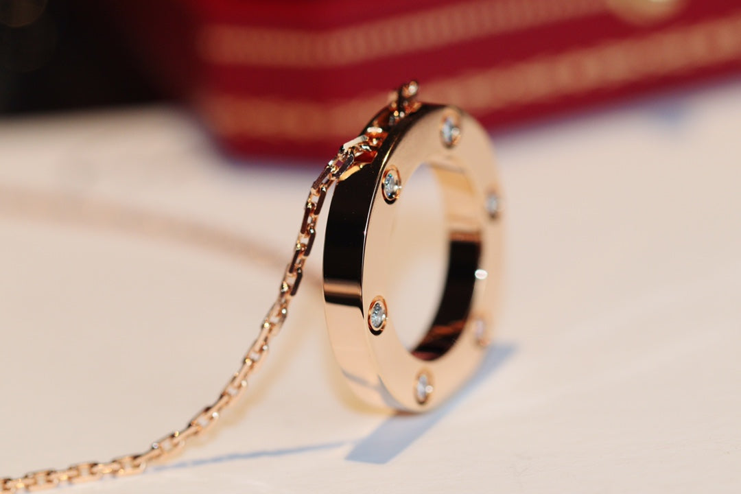 [Dawnora Jewelry]LOVE NECKLACE 16MM 6 DIAMONDS PINK GOLD