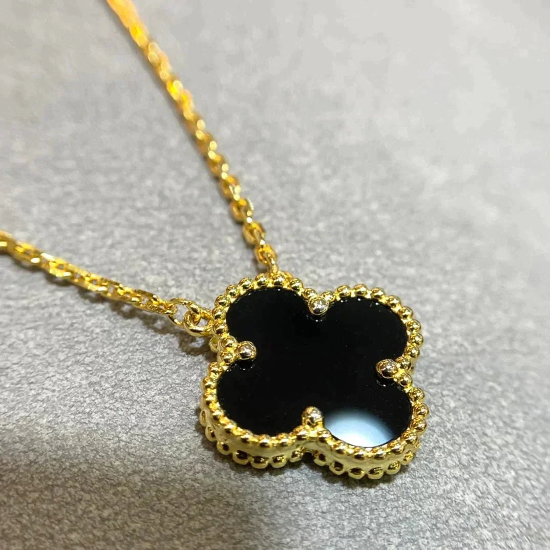 [Dawnora Jewelry]CLOVER 15MM BLACK ONYX SINGLE FLOWER NECKLACE