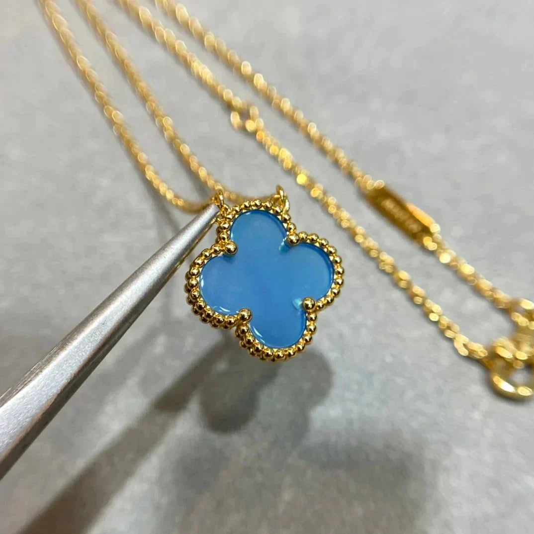 [Dawnora Jewelry]CLOVER 15MM BLUE AGATE NECKLACE