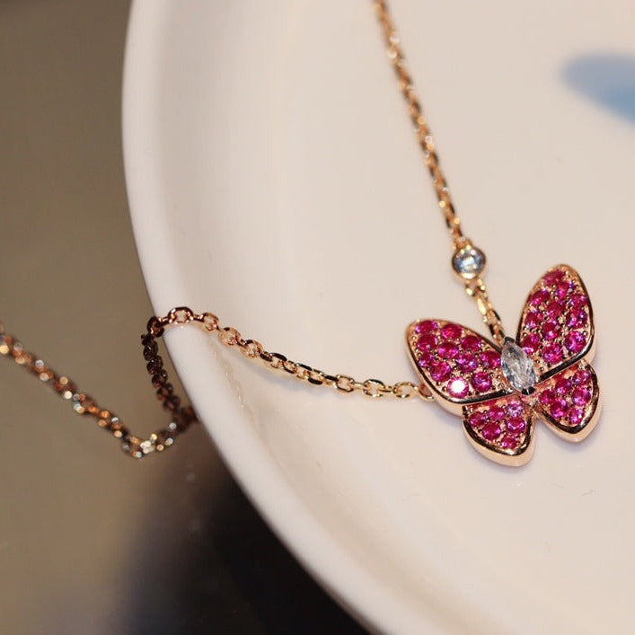 [Dawnora Jewelry]BUTTERFLY RED DIAMOND ROSE GOLD NECKLACE
