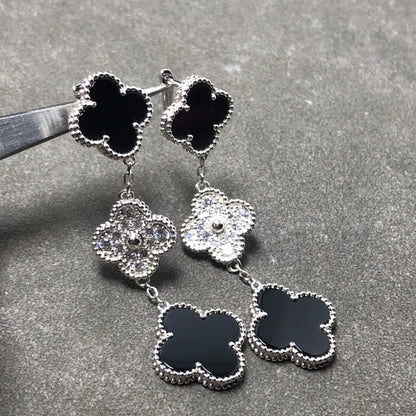 [Dawnora Jewelry]CLOVER 3 MOTIF DIAMOND ONYX SILVER EARRINGS