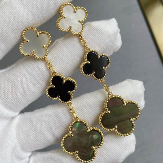 [Dawnora Jewelry]CLOVER 3 MOTIF MOP ONYX DARK MOP PINK GOLD EARRINGS