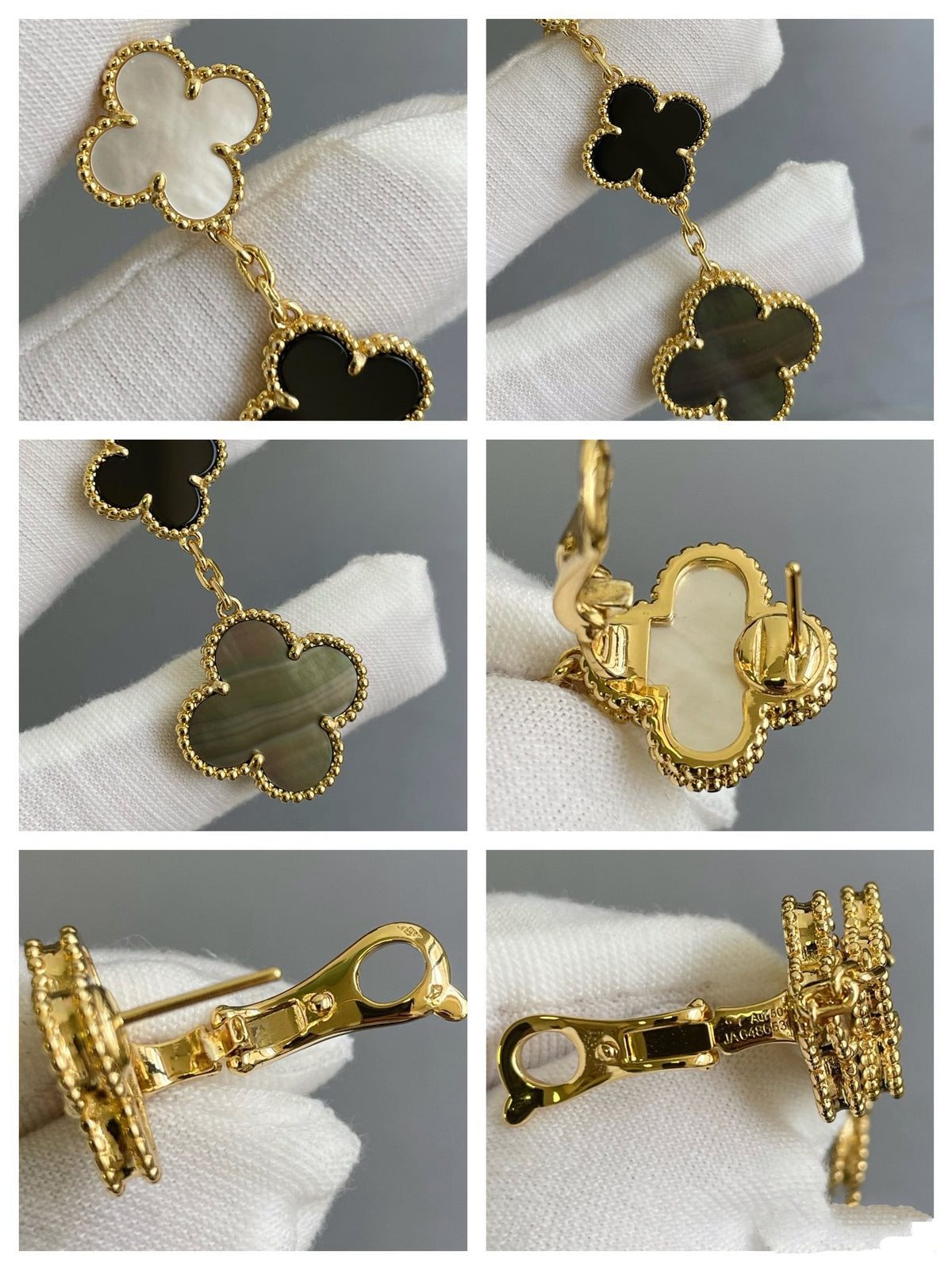 [Dawnora Jewelry]CLOVER 3 MOTIF MOP ONYX DARK MOP PINK GOLD EARRINGS
