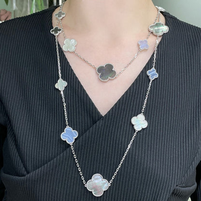 [Dawnora Jewelry]CLOVER 16 MOTIF CHALCEDONY MOP SILVER NECKLACE