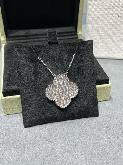 [Dawnora Jewelry]CLOVER 25MM LARGE PENDANT DIAMOND PAVED SILVER NECKLACE