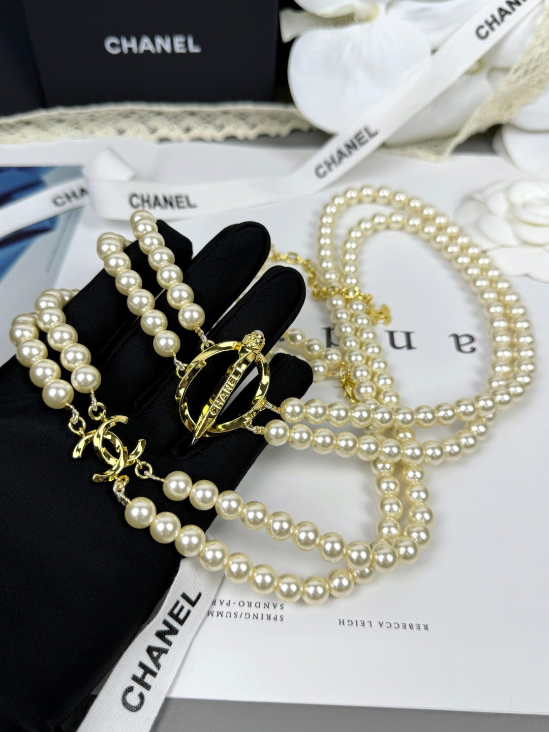 [Dawnora Jewelry]25K Pencil Double C Double-Layer Pearl Sweater Chain