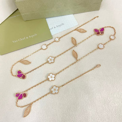 [Dawnora Jewelry]ROSE QUARTZ MIXED FLOWER BUTTERFLY SWEATER CHAIN