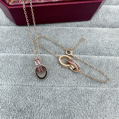 [Dawnora Jewelry]LOVE DOUBLE PINK STONES RING NECKLACE
