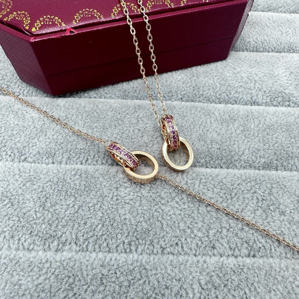 [Dawnora Jewelry]LOVE DOUBLE PINK STONES RING NECKLACE