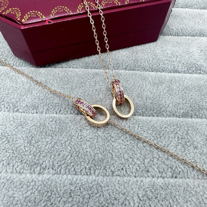 [Dawnora Jewelry]LOVE DOUBLE PINK STONES RING NECKLACE