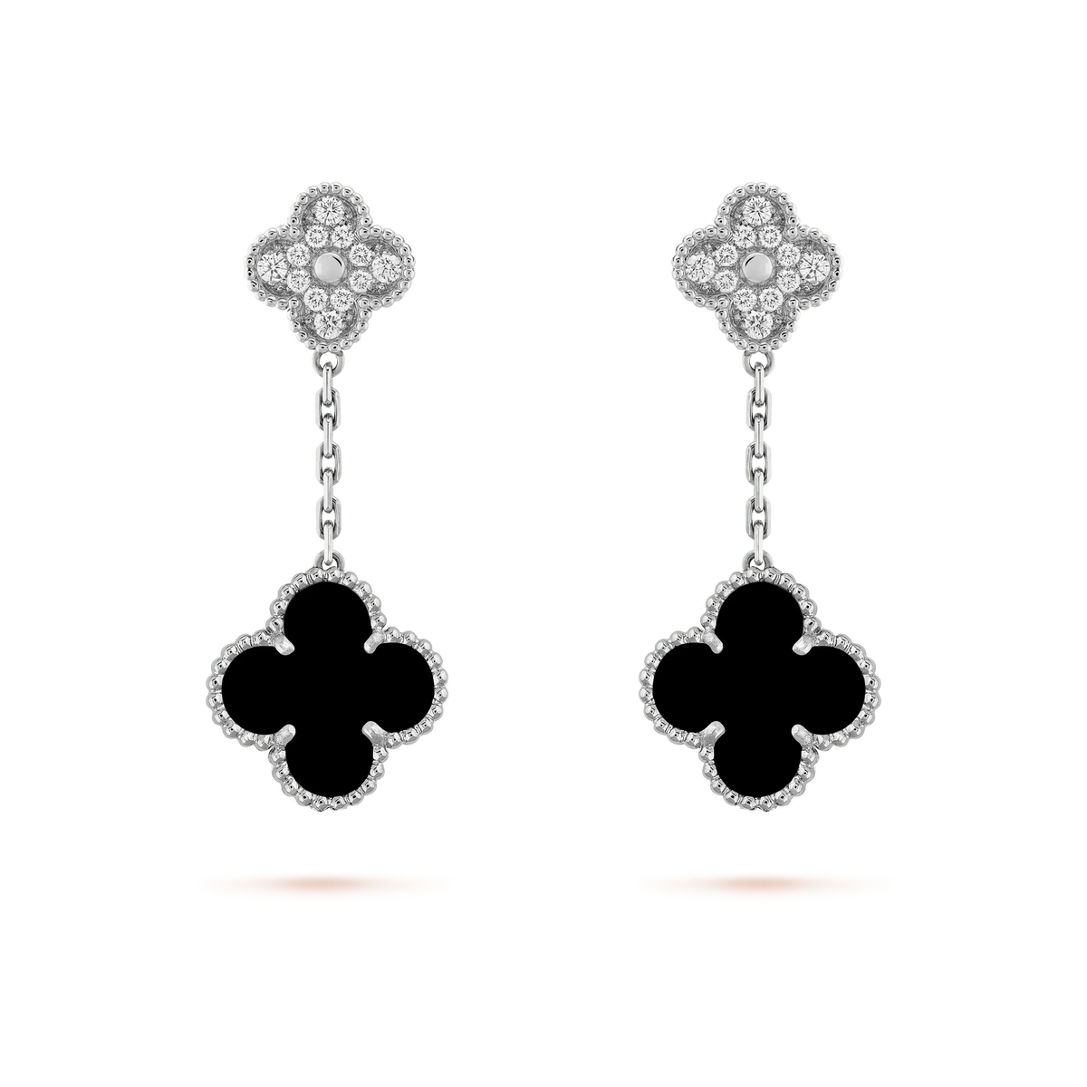 [Dawnora Jewelry]CLOVER 2 MOTIFS  DIAMOND ONYX EARRINGS SILVER