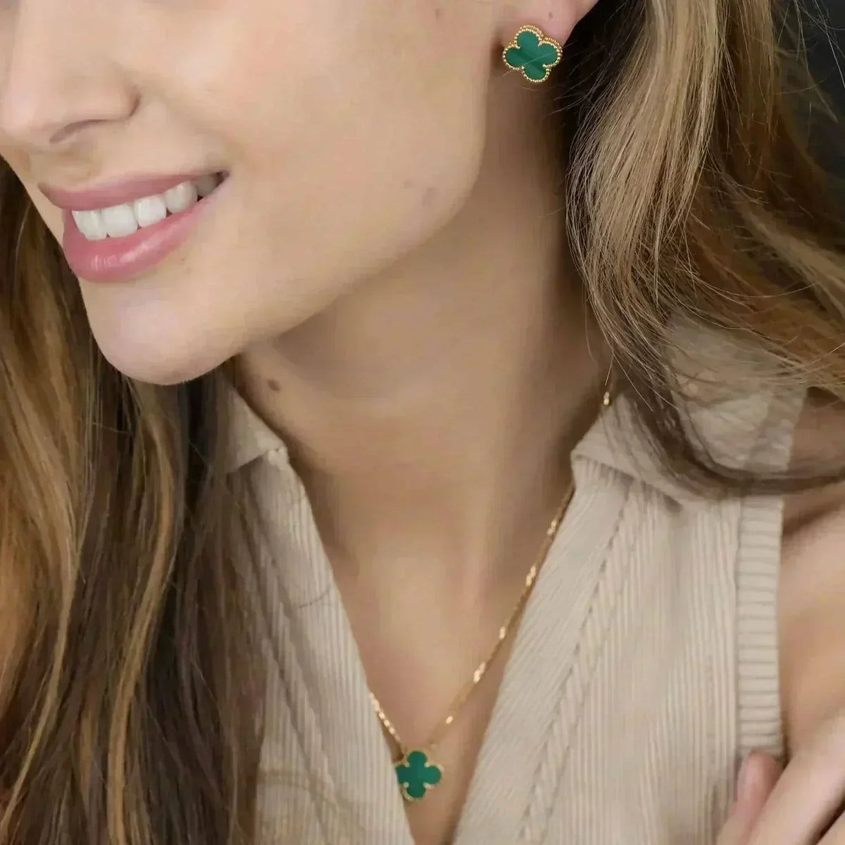 [Dawnora Jewelry]CLOVER MINI 9.5MM MALACHITE  EARRINGS