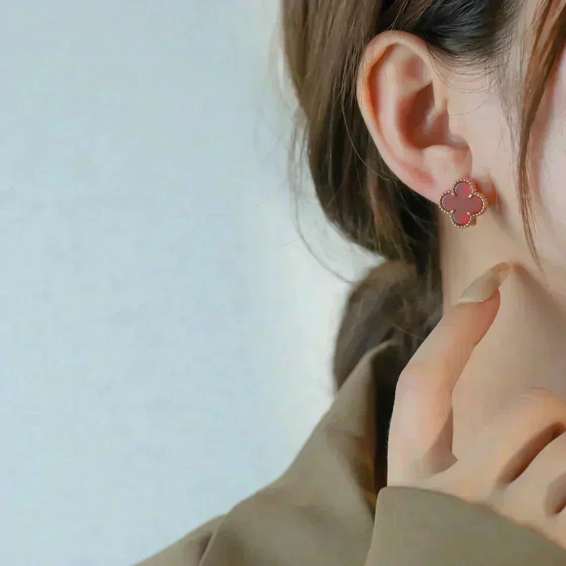 [Dawnora Jewelry]CLOVER MEDIUM 1 MOTIFS CARNELIAN  EARRINGS
