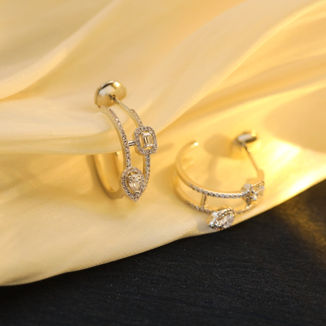 [Dawnora Jewelry]CREOLES MY TWIN 2 RANGS SILVER DIAMOND EARRINGS