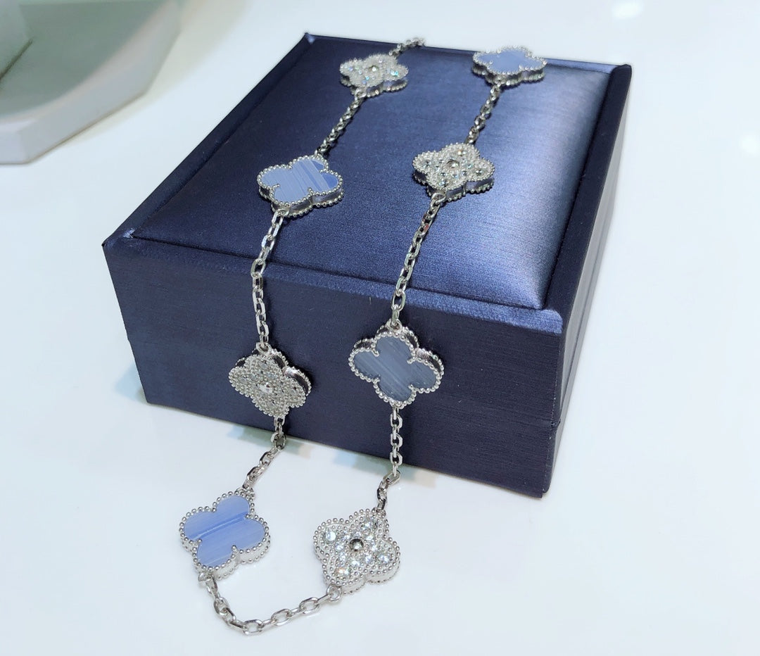 [Dawnora Jewelry]CLOVER 10 MOTIFS CHALCEDONY DIAMONDS SILVER NECKLACE