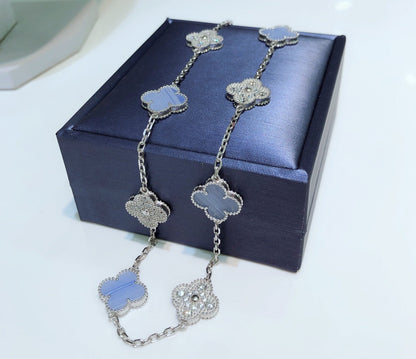 [Dawnora Jewelry]CLOVER 10 MOTIFS CHALCEDONY DIAMONDS SILVER NECKLACE